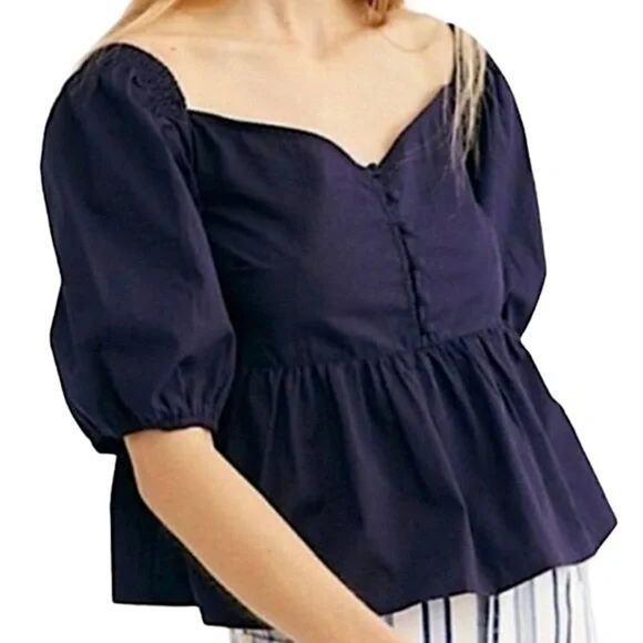 Free People Veronica Sweetheart Peplum Pure Cotton Blouse - Picture 3 of 10